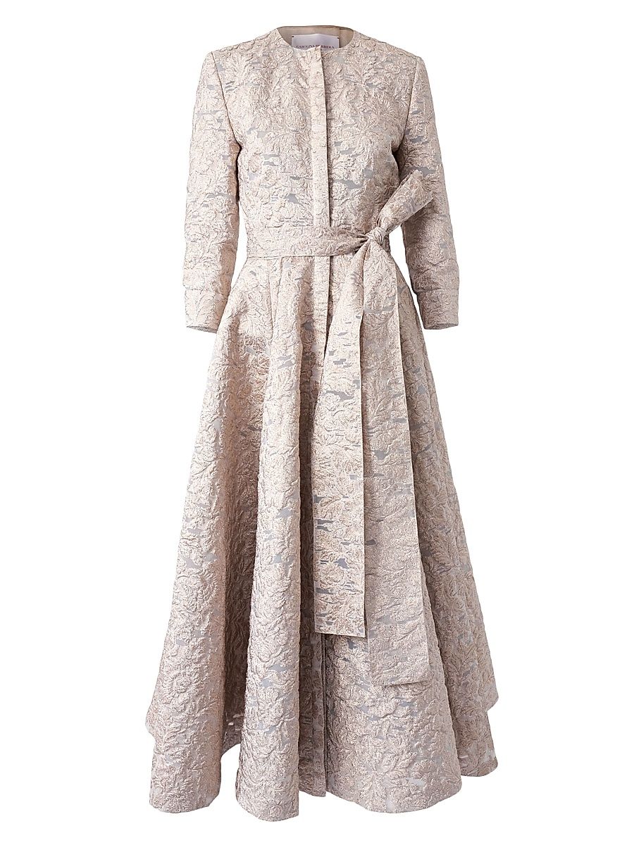 Women's Metallic Jacquard Tie-Waist Trench-Style Midi-Dress - Gold - Size 2
