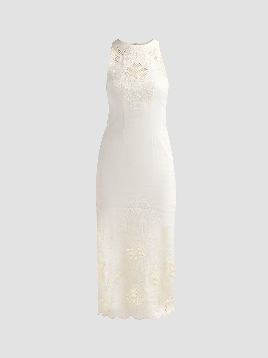 Women's Upten Embroidered Linen-Blend Midi Dress - Dove - Size 16