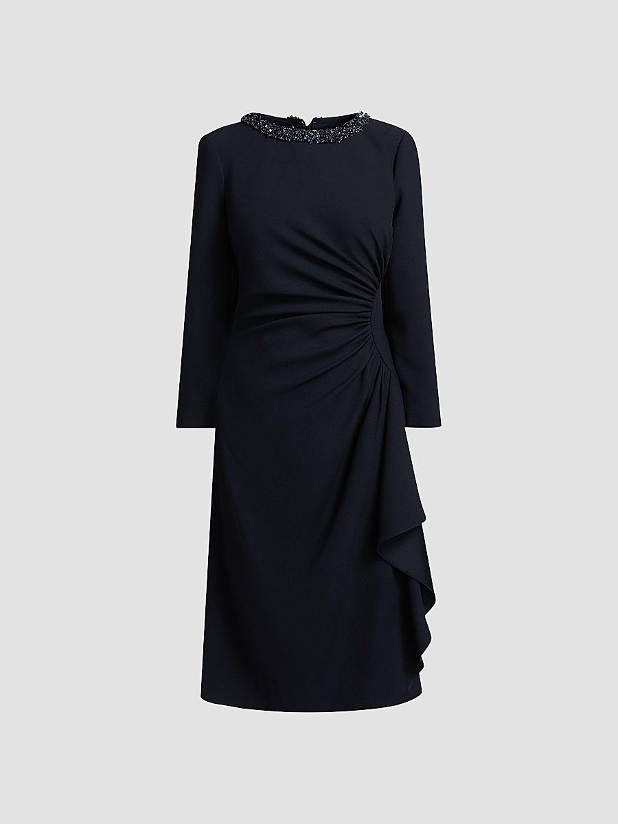 Women's Sequinned Crepe Sheath Knee-Length Dress - Navy - Size 14
