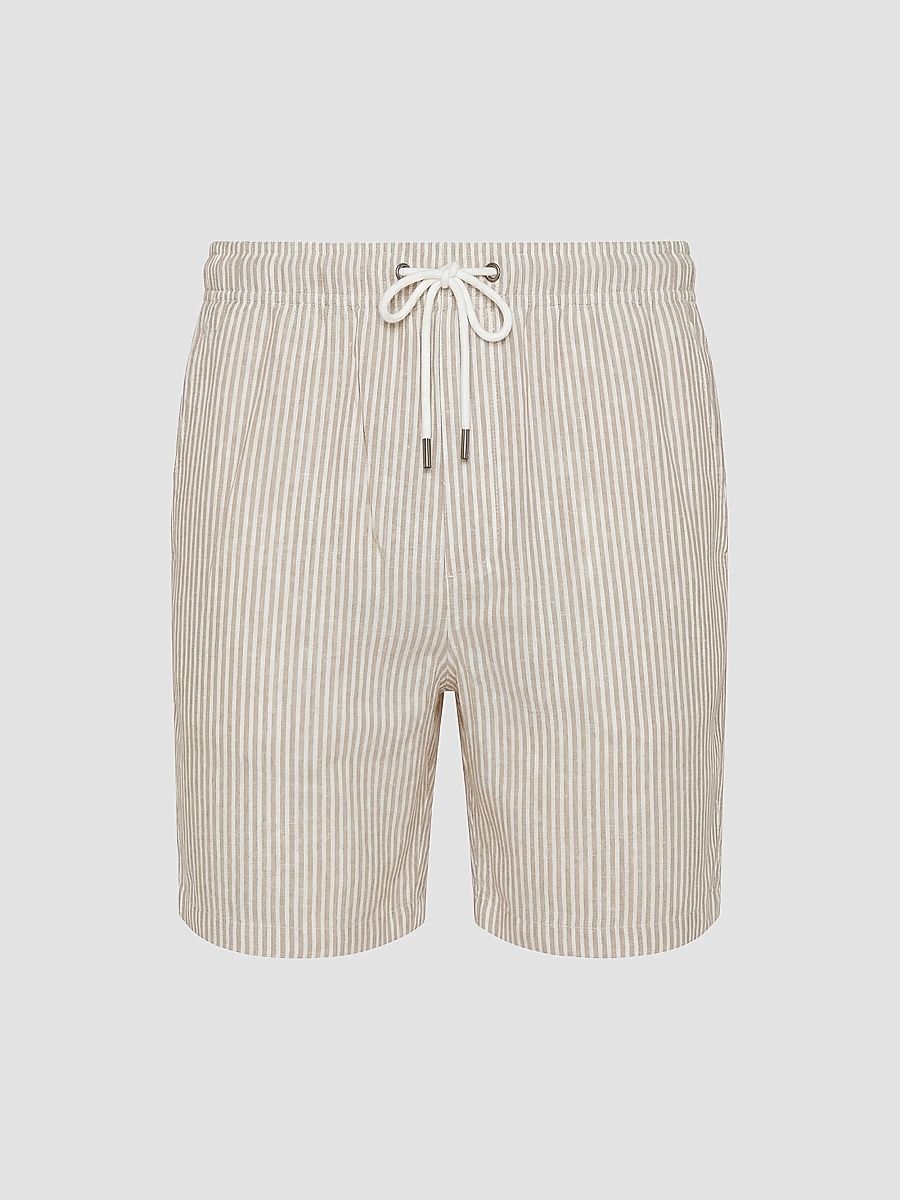 Men's Classic Striped Linen-Blend Drawstring Shorts - Beige - Size XXL