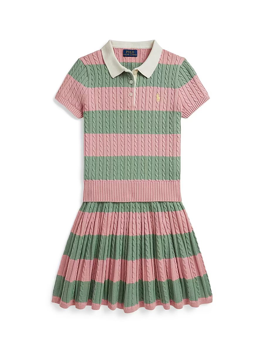 Little Girl's & Girl's 2-Piece Cable-Knit Striped Polo Shirt & Pleated Skirt Set - Adirondack Rose Multi - Size 6