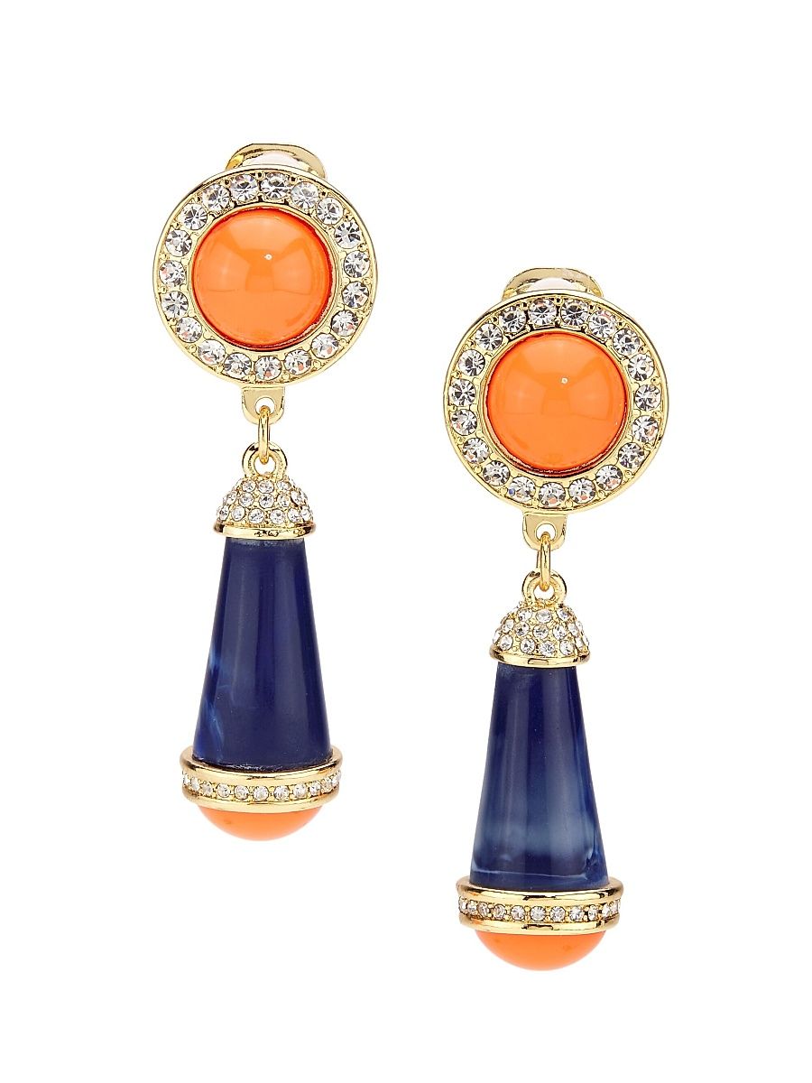 Women's Goldtone Coral & Lapis Drop Clip-On Earrings - Gold Coral Lapis