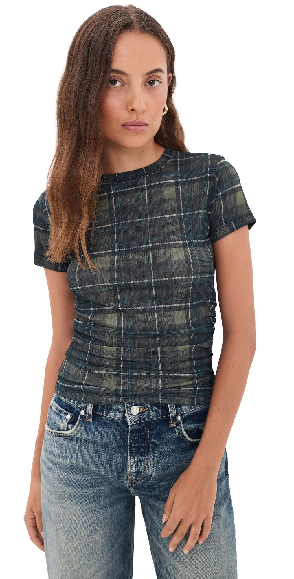 Madewell Ruched Mesh Tee Green Plaid XXL