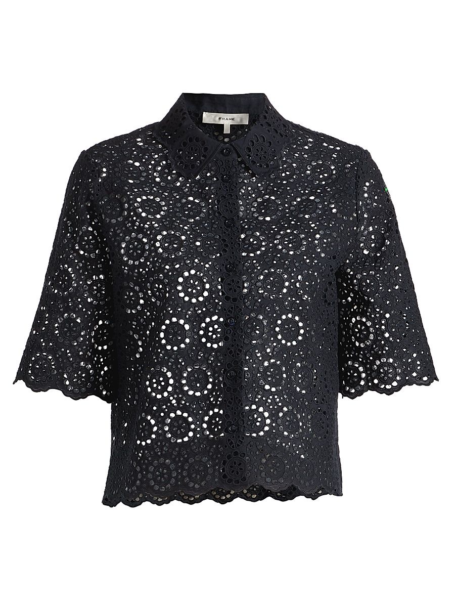 Women's The Petal Eyelet Cotton Shirt - Navy - Size XL