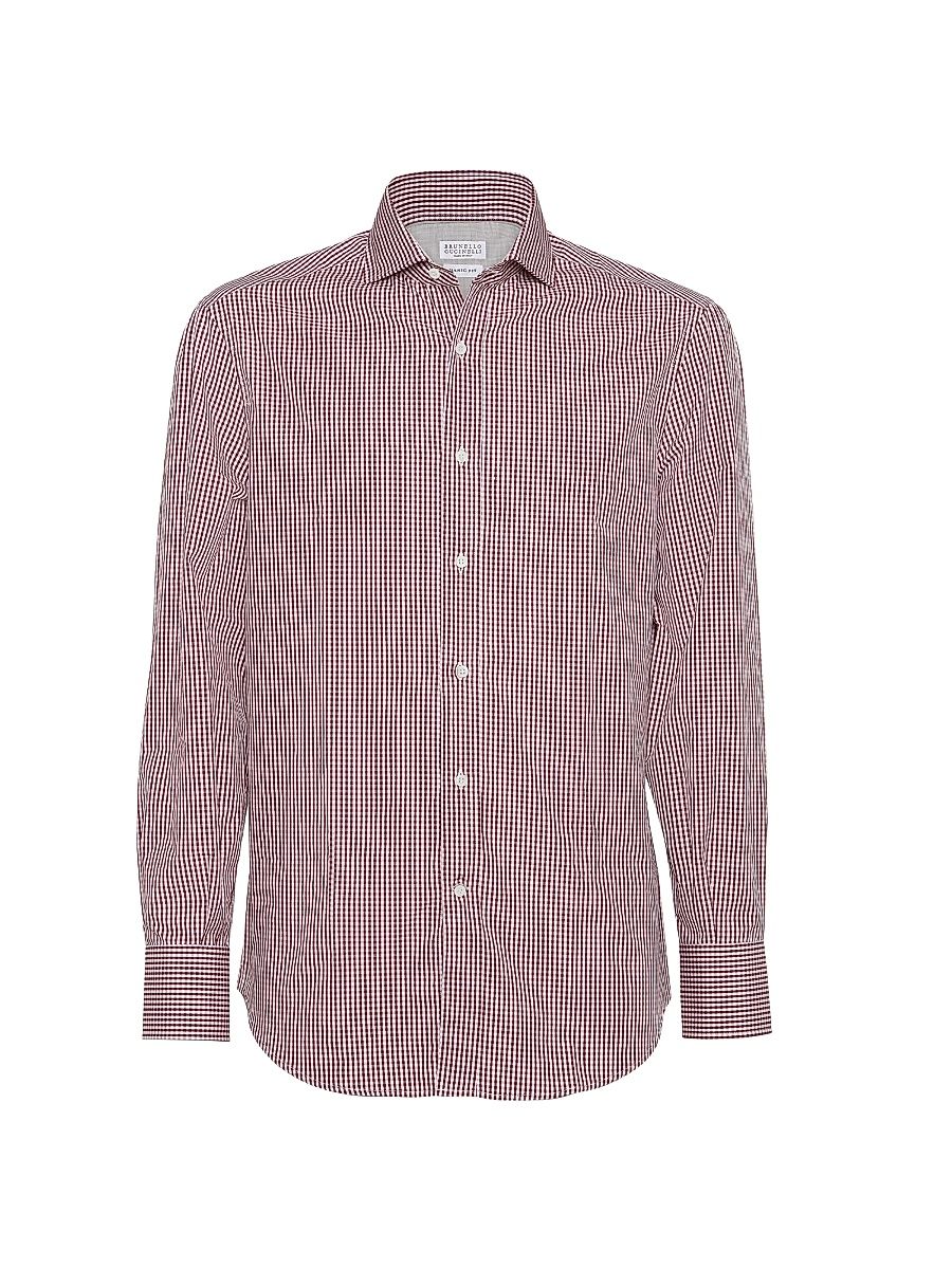 Men's Checked Cotton Basic Fit Shirt with Spread Collar - Amaranth Red - Size XS