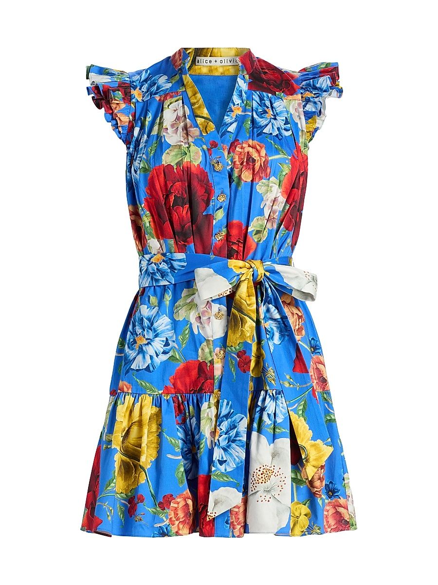 Women's Cora Floral Stretch-Cotton Mini Shirtdress - Endless Blossom Blue Iris - Size XL