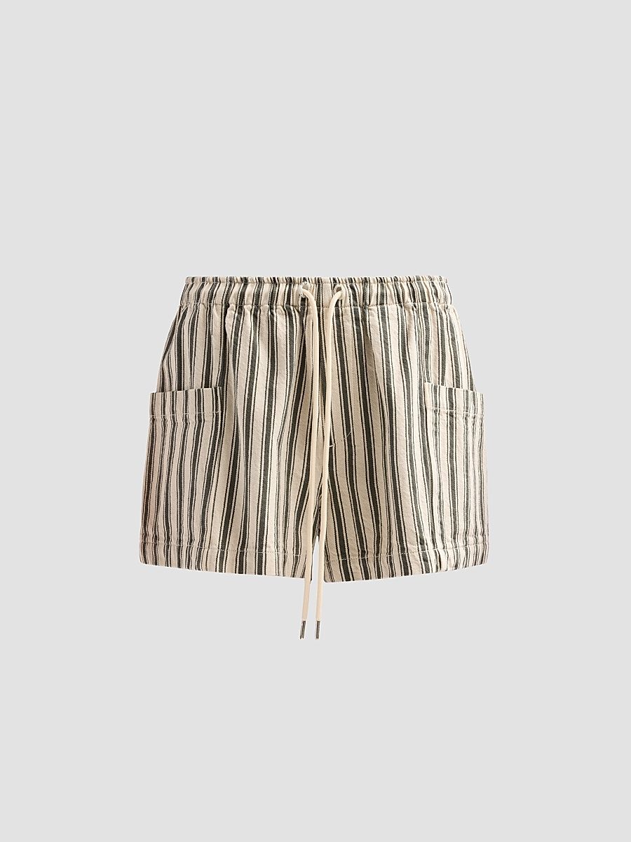 Women's Emery Striped Cotton-Linen Drawstring Shorts - Forest Green Stripe - Size Large