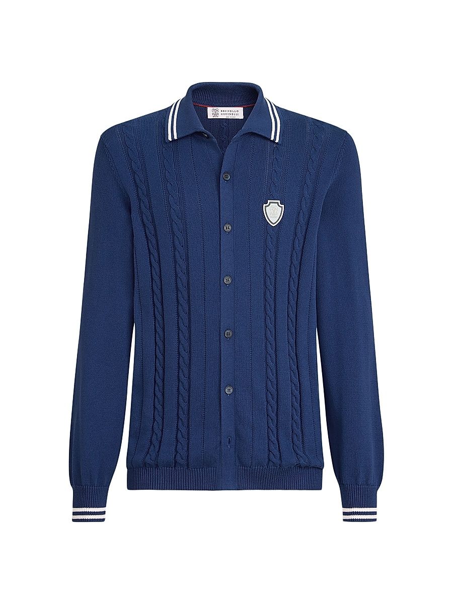 Men's Cotton Cable Knit Shirt with Logo - Avio Blue - Size XXXL