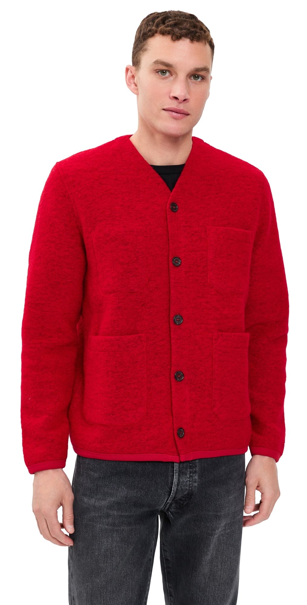 Universal Works Wool Fleece Cardigan Scarlet XL