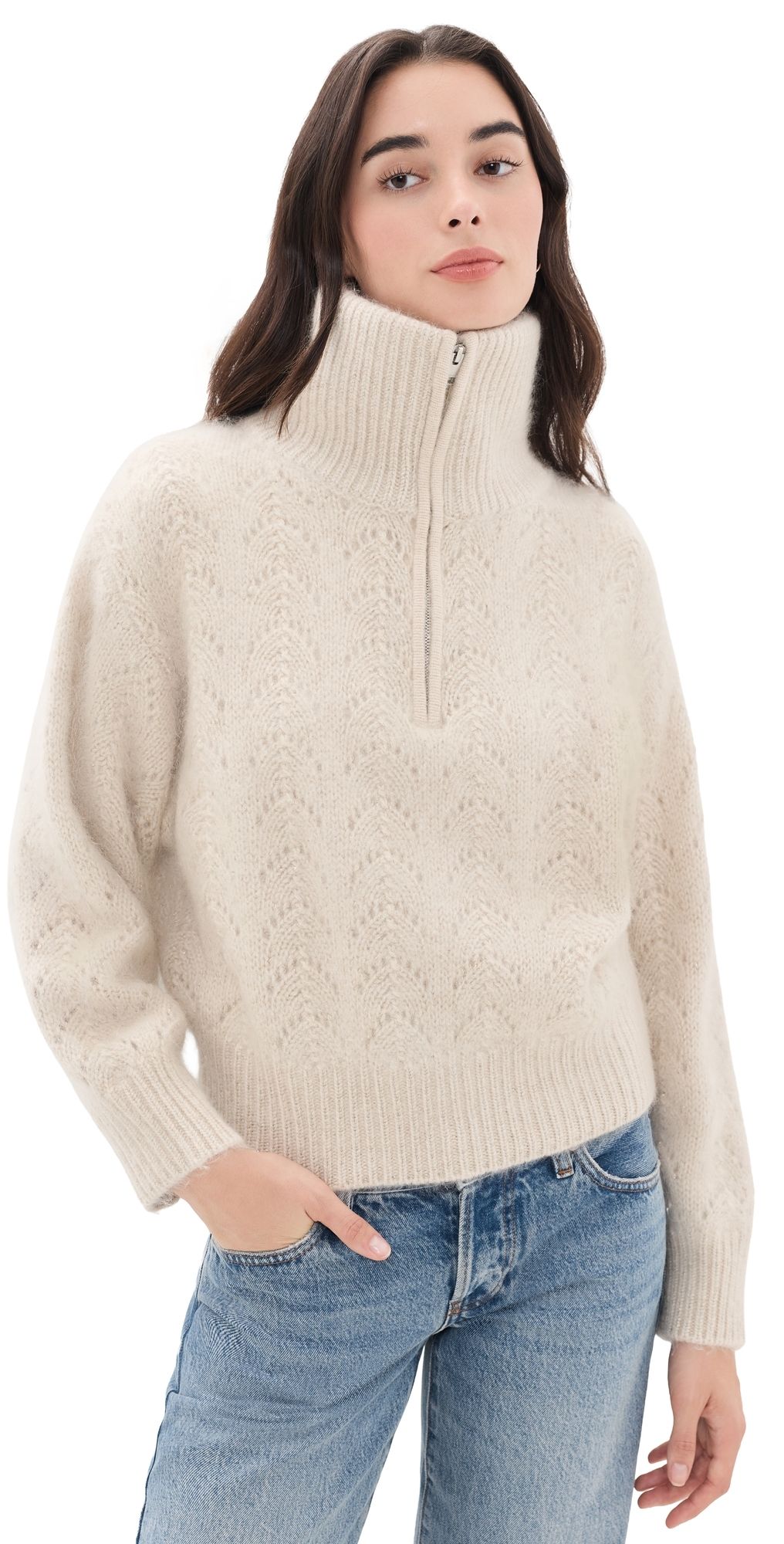FRAME The Airy Metallic Zip Sweater Biscuit XL