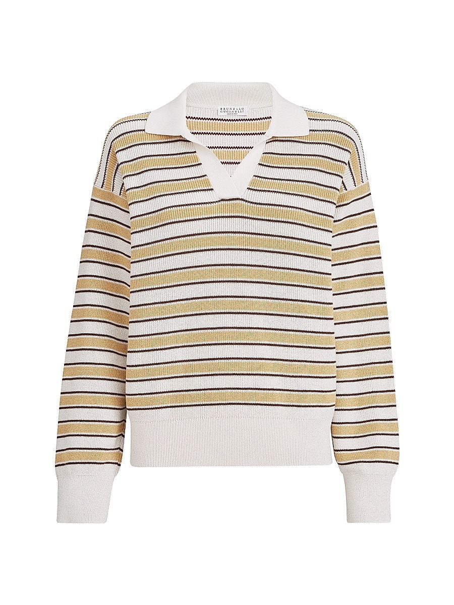 Women's Cotton Knit Polo with Sparkling Stripes - Yellow Multi - Size XXS