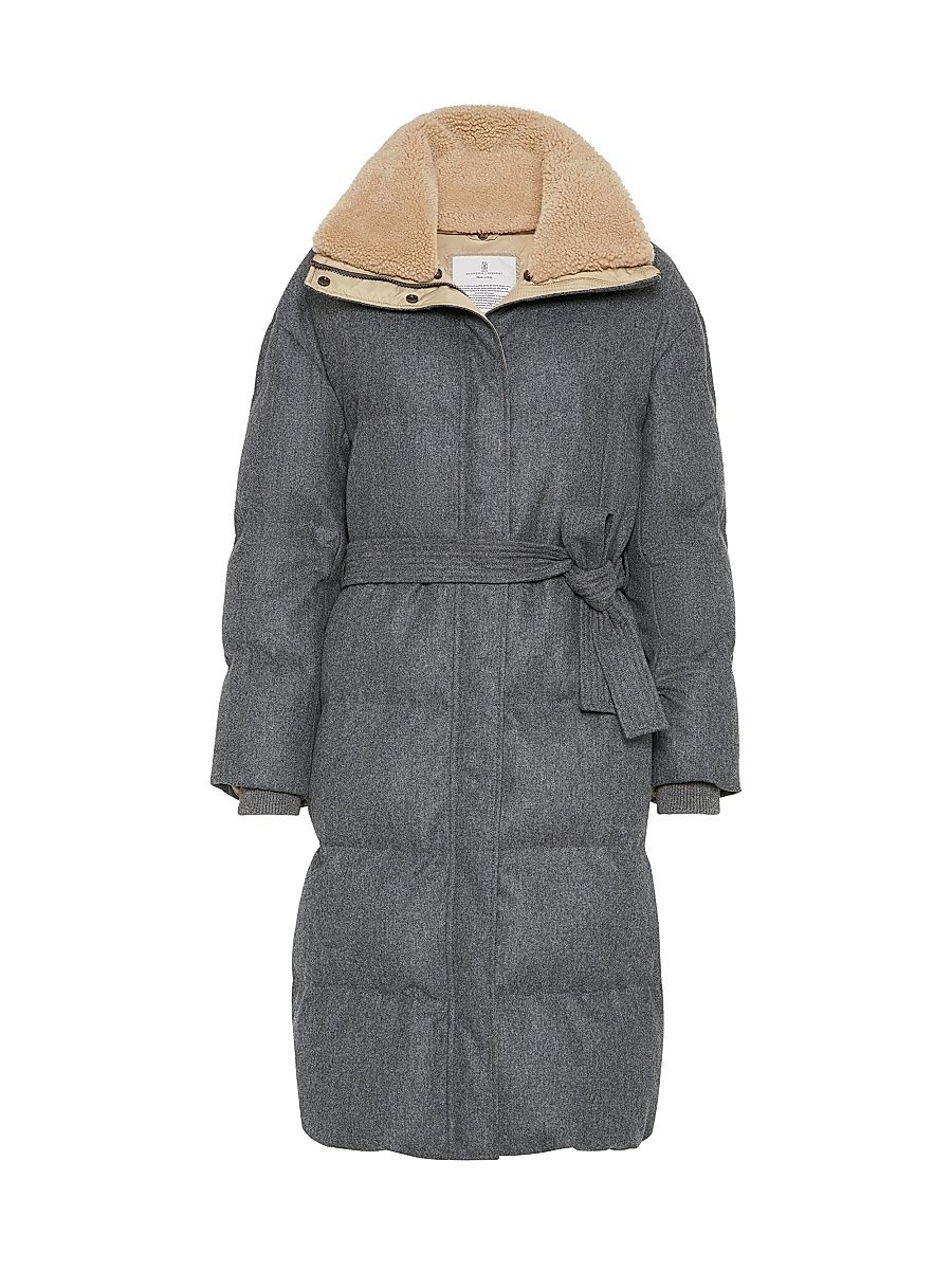 Women's Virgin Wool Flannel Down Coat with Detachable Merino Shearling Collar and Monili - Dark Grey - Size 10