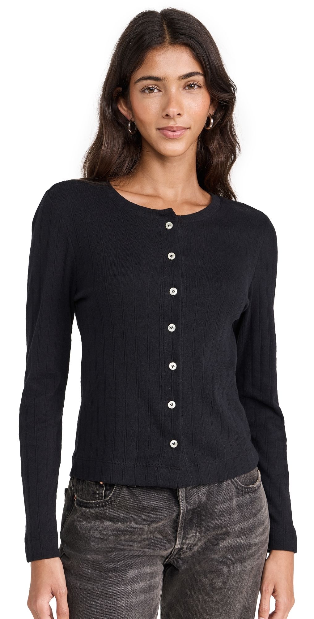 Leset Pointelle Classic Crew Cardigan Black S