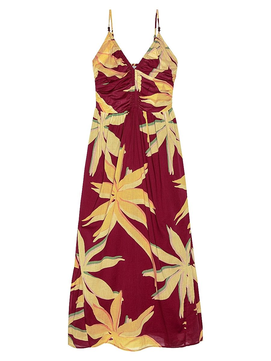 Women's Palm Printed Cotton Gathered Maxi Dress - Red Palma - Size XL