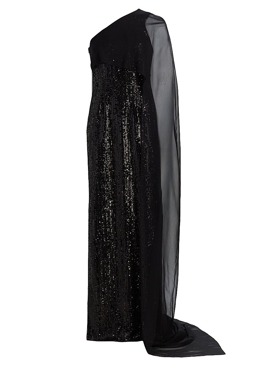 Women's Sequined Chiffon Cape-Sleeve Column Gown - Black - Size 8