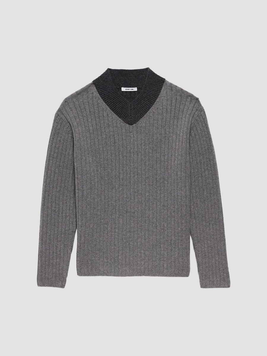 Helmut Lang Men's Contrast V-Neck Wool Sweater - Little Grey Bicolor - Size Small