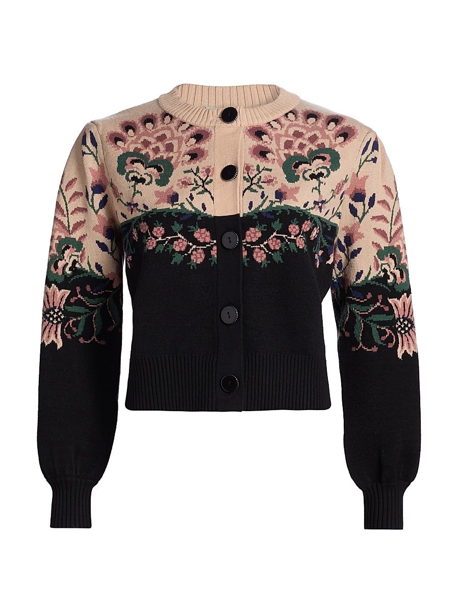 Women's Belle Garden Floral Knit Crewneck Cardigan - Black - Size Large