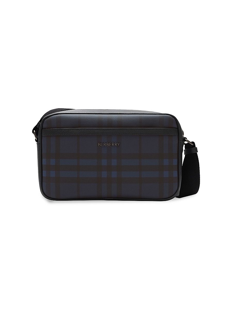 Men's Check Coated Canvas Flat Crossbody Bag - Navy