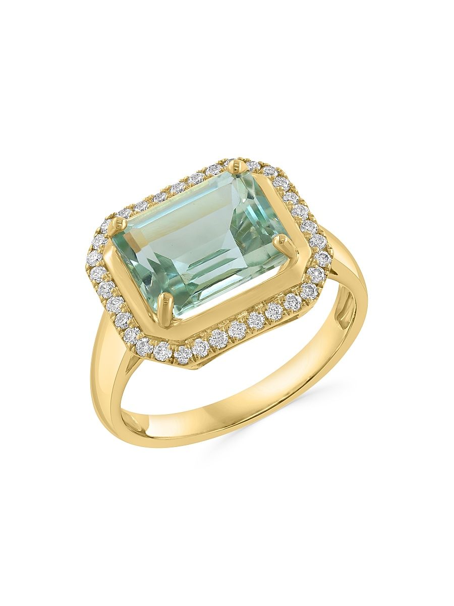 Women's 14K Yellow Gold, Green Amethyst & 0.25 TCW Diamond Halo Ring - Yellow Gold - Size 7