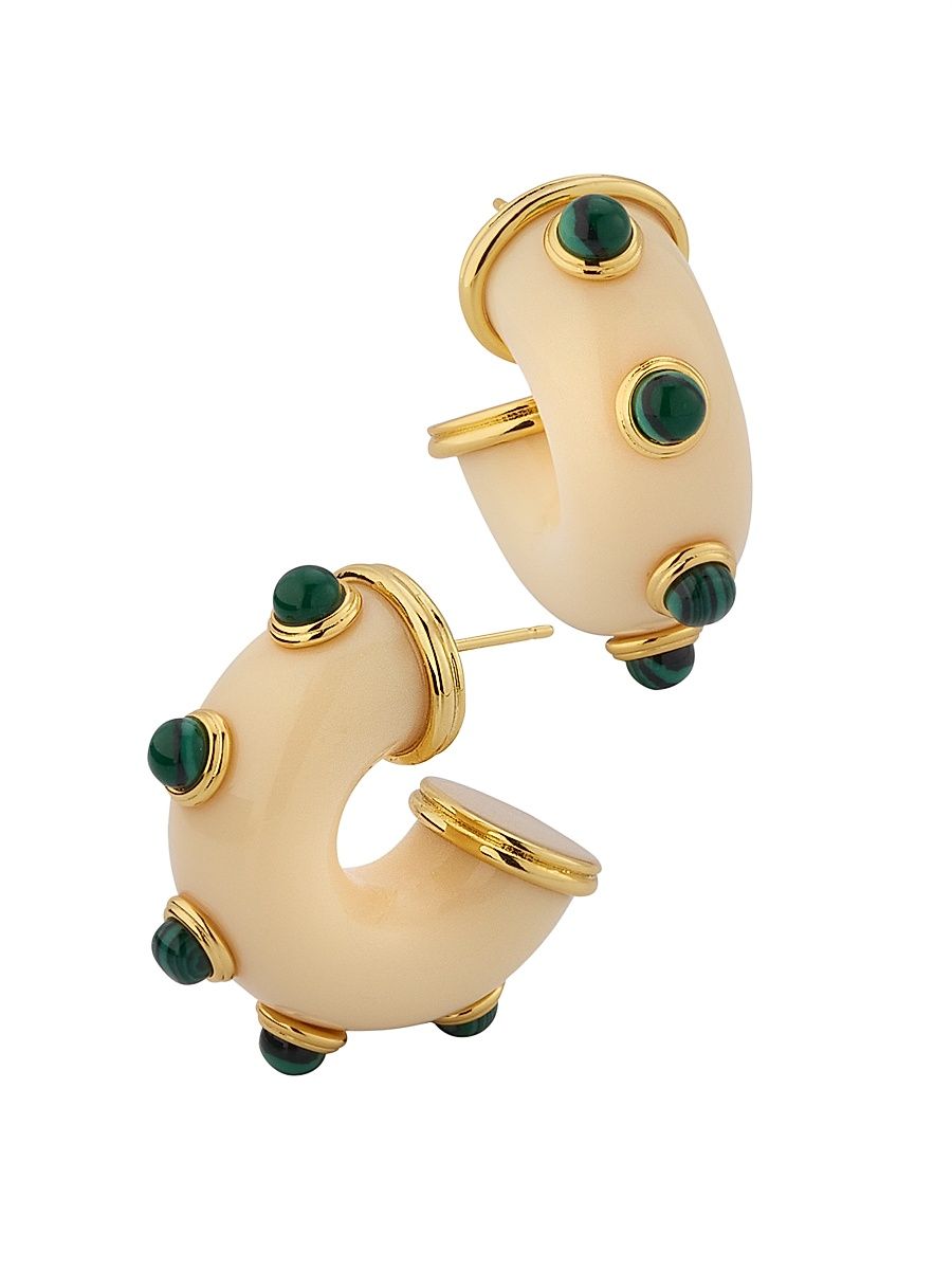 Women's 18K-Gold-Plated & Mixed-Media Hoop Earrings - Ivory Malachite Gold