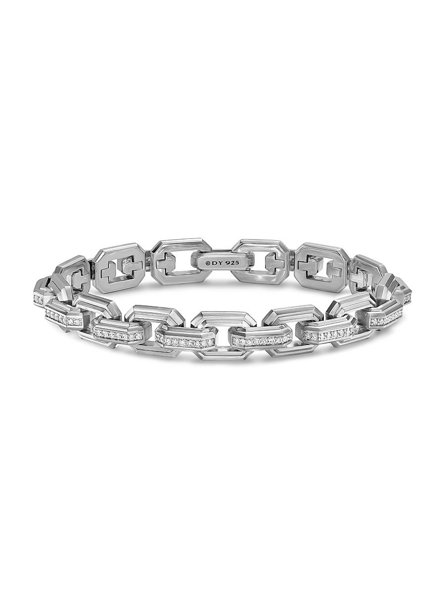 Men's Faceted Flat Link Bracelet in Sterling Silver - Diamond - Size Medium