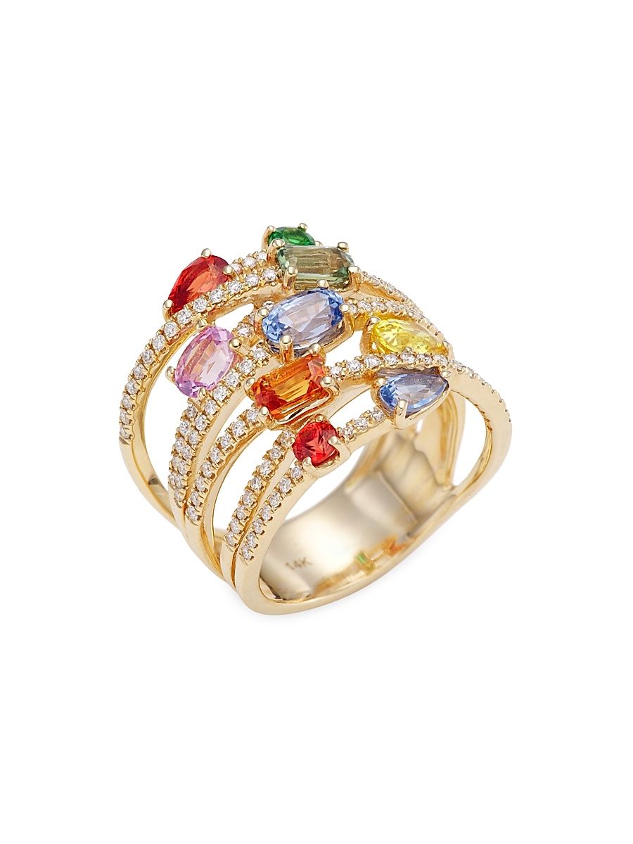 Women's 14K Gold, Diamond & Rainbow Sapphire Stacked Ring - Yellow Gold - Size 7