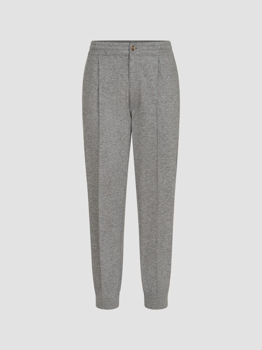 Brunello Cucinelli Men's Cashmere Jersey Trousers with Crete Detail - Stone Grey - Size Medium