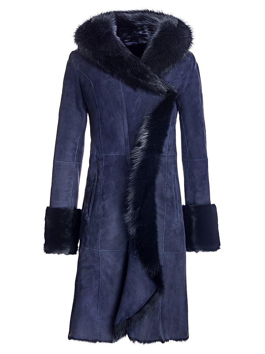 Women's Shearling Coat with Toscana Trim - Navy Black - Size Large