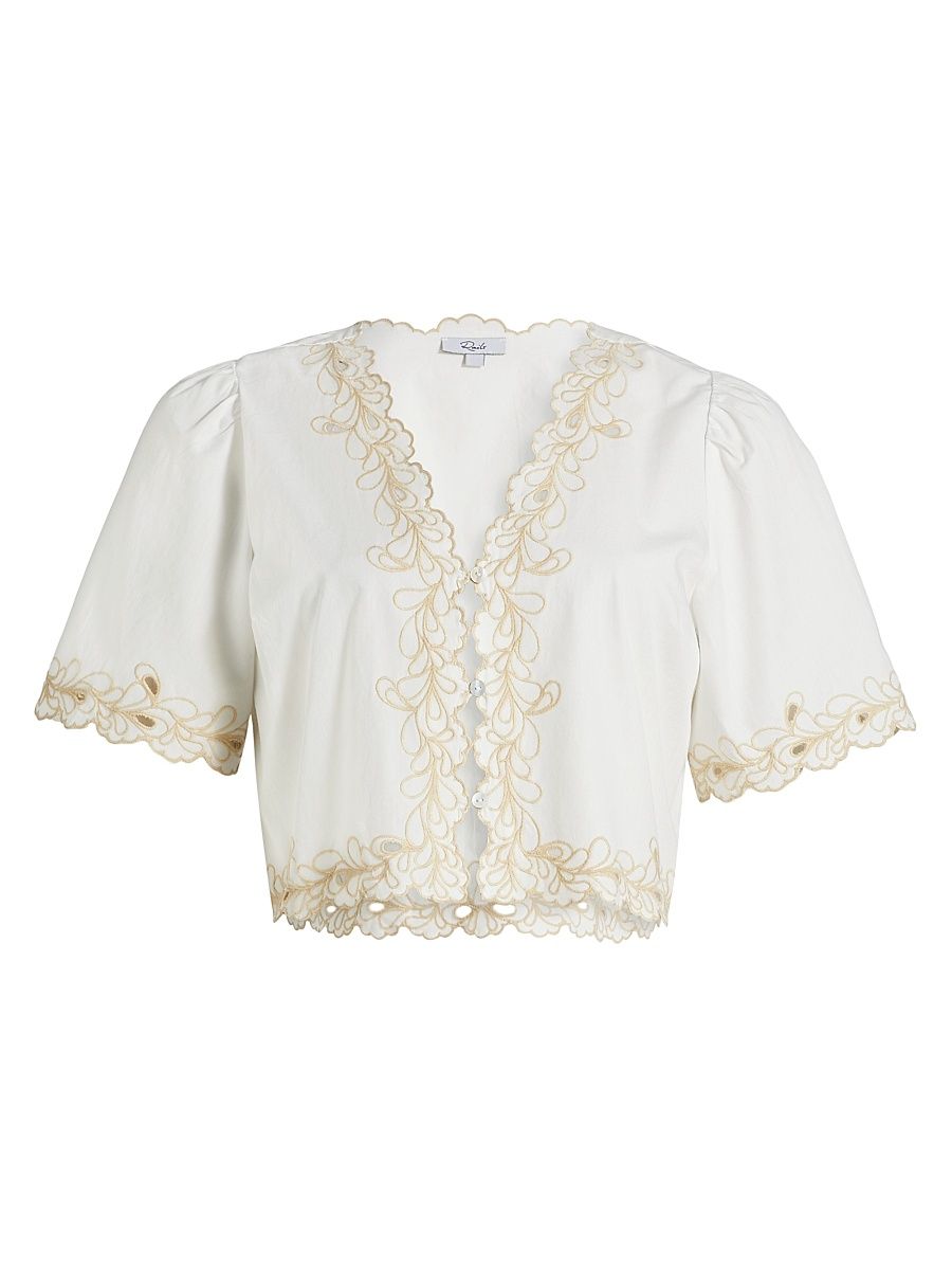 Women's Cataluna Embroidered Cotton Poplin Top - White - Size Large