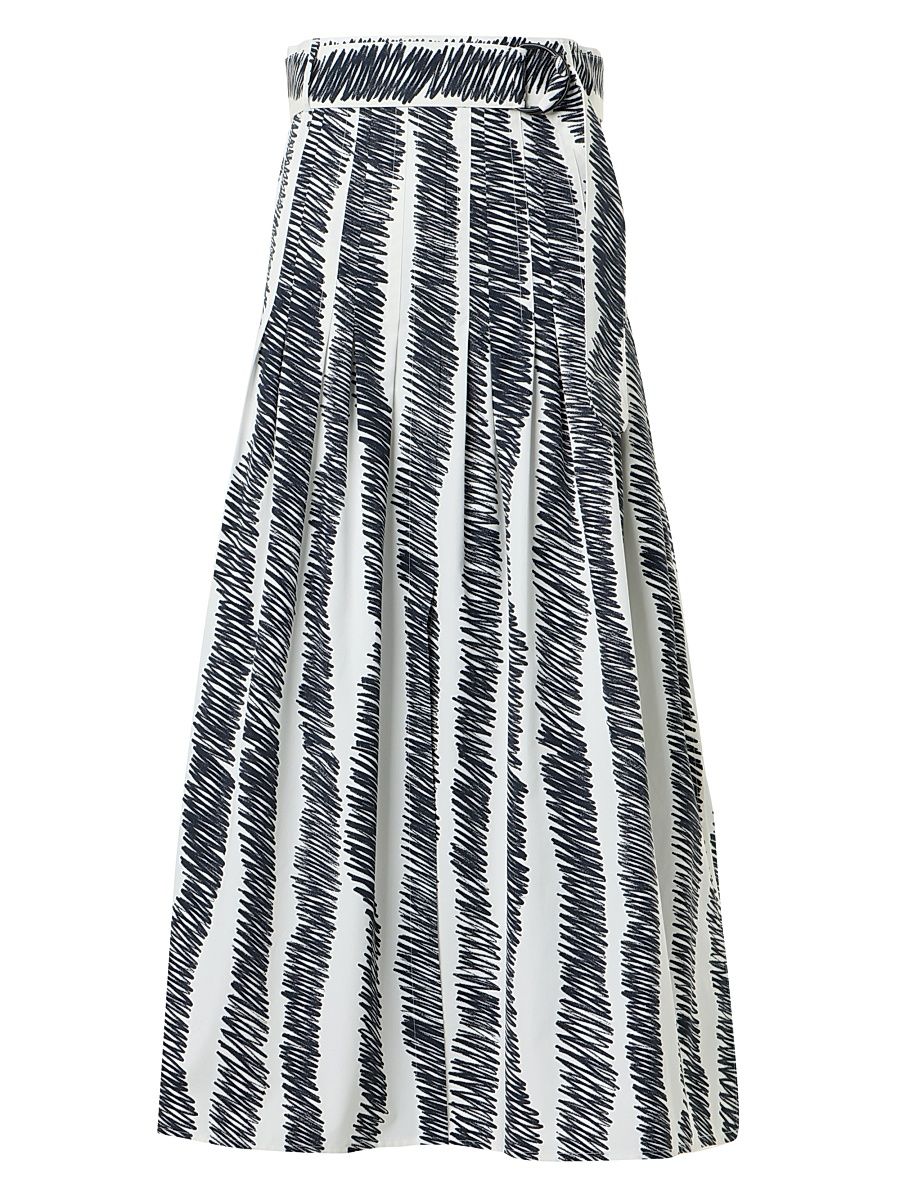 Women's Scribble Print Cotton Pleated Midi-Skirt - Cream Black - Size 14
