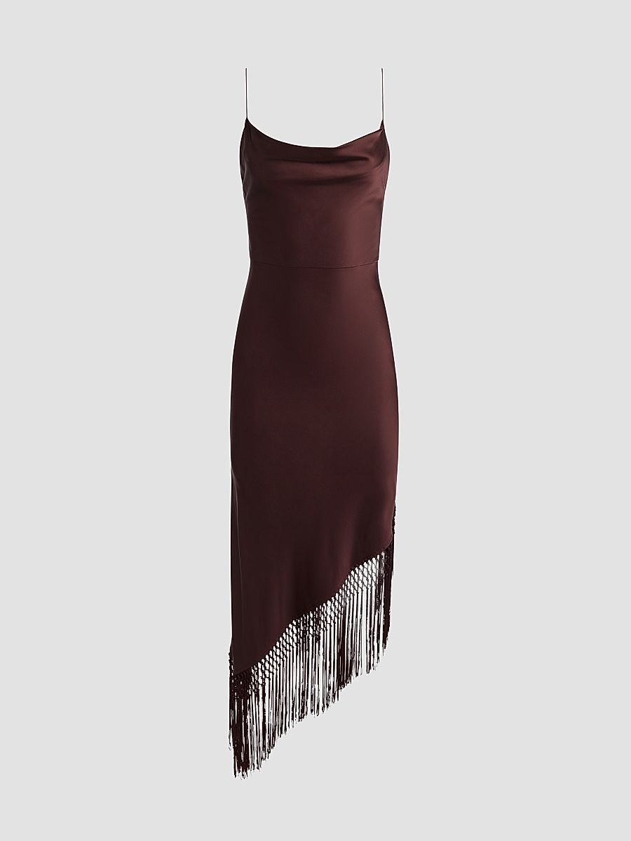 Women's Harmony Drapey Slip Fringe Midi Dress - Dark Chocolate - Size 10