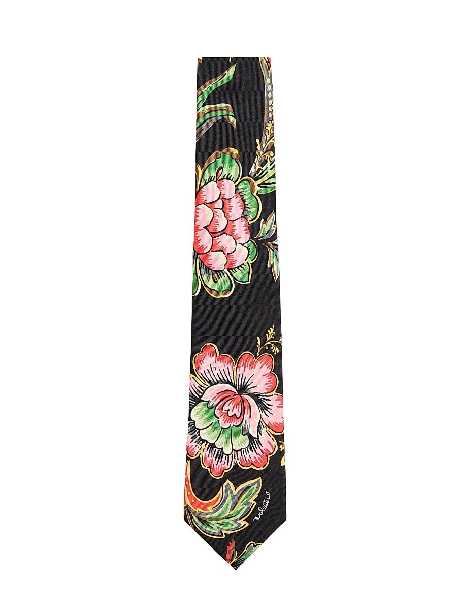 Men's Silk Tie with Papier Floral Pattern - Black Multicolored
