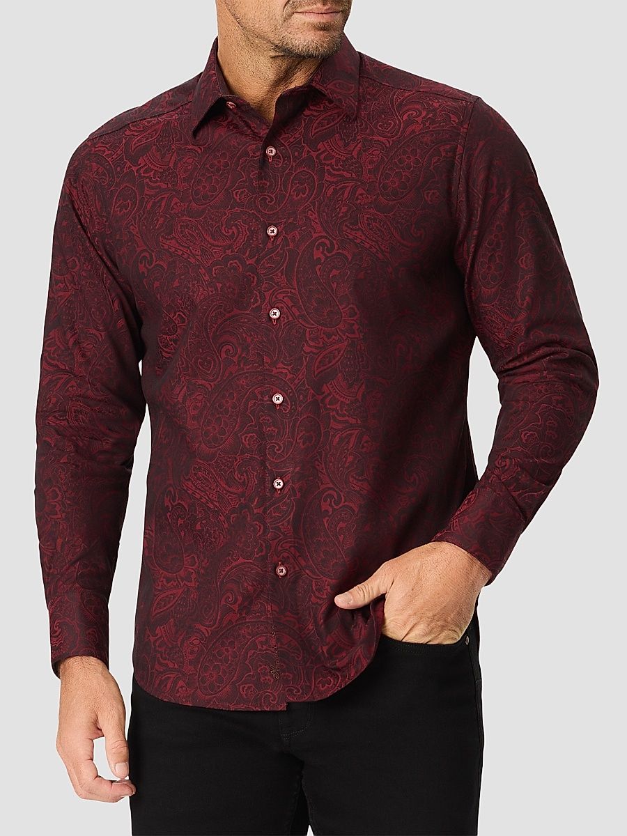 Men's Hudson Paisley Stretch Cotton Shirt - Burgundy - Size XXL