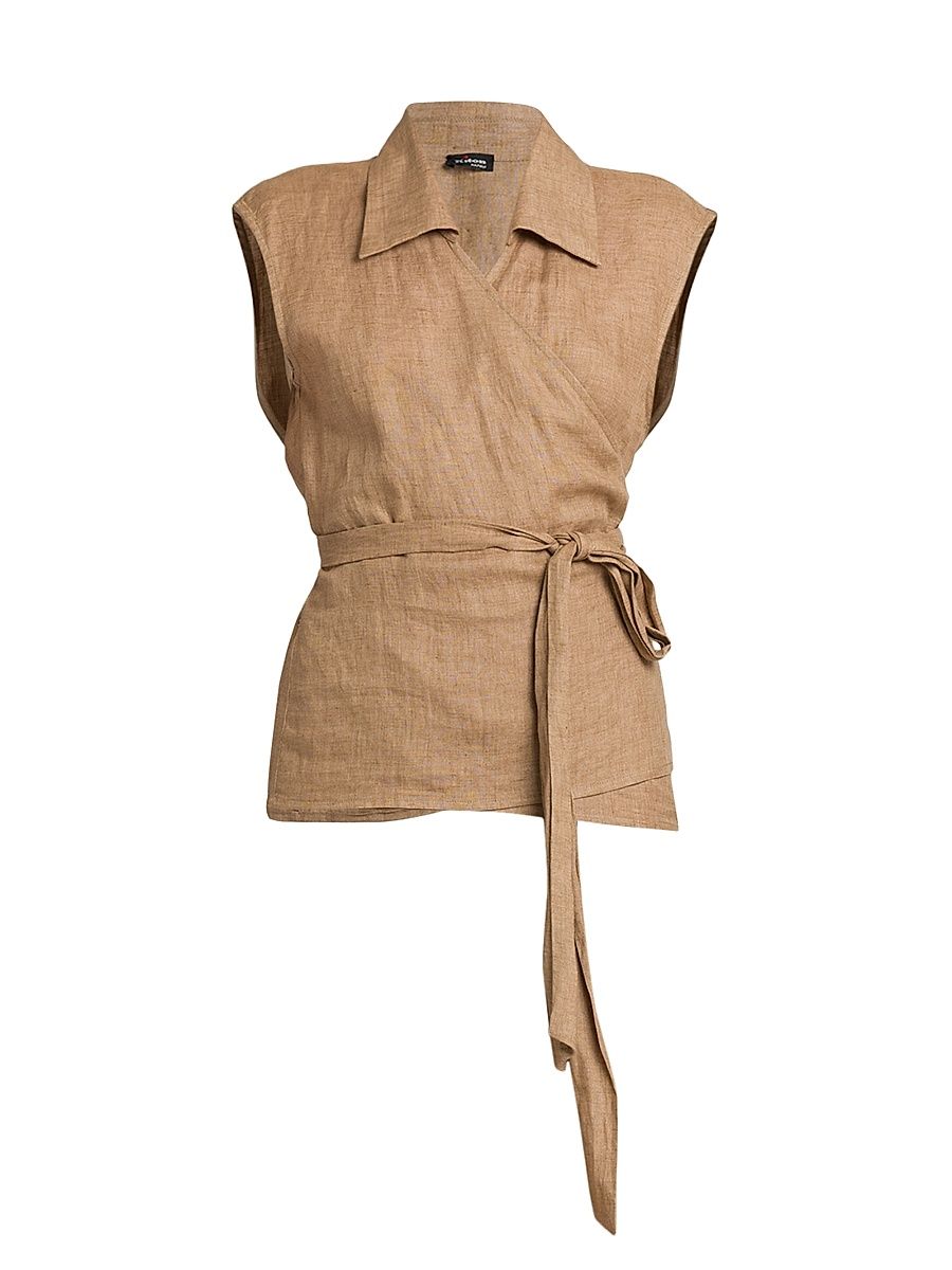Women's Linen Belted Wrap Top - Sand - Size 4