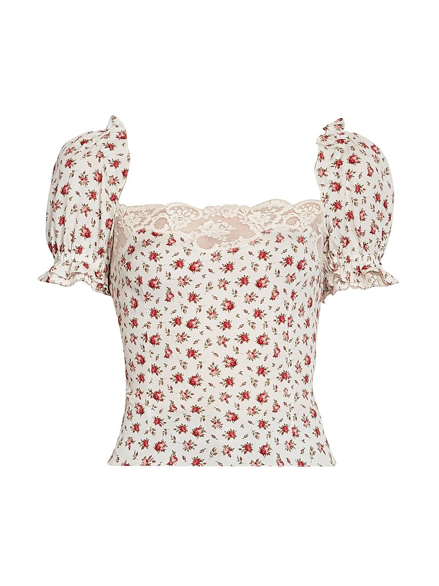 Women's Lace-Trimmed Floral Silk-Blend Crop Top - Roselline F Bco - Size 10