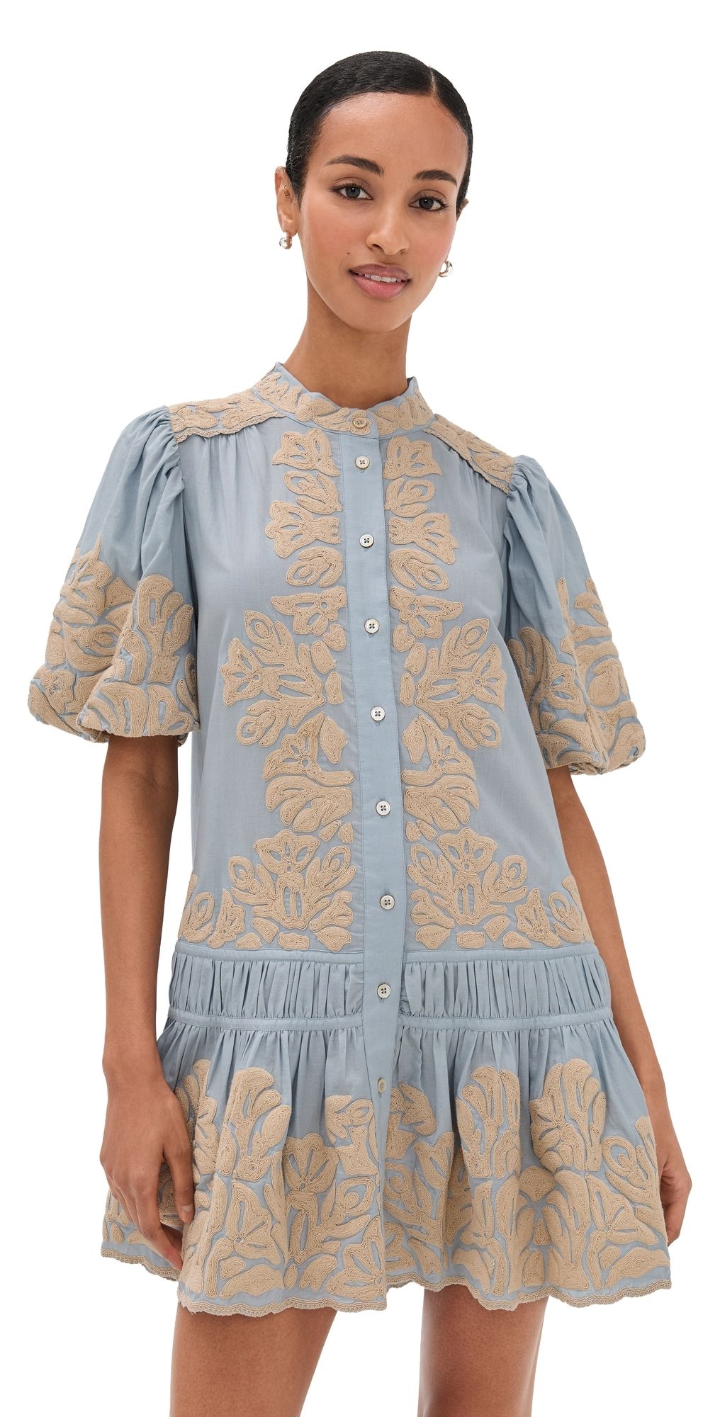 Sea Alexandra Embroidered Bubble Sleeve Tunic Dress Blue XS
