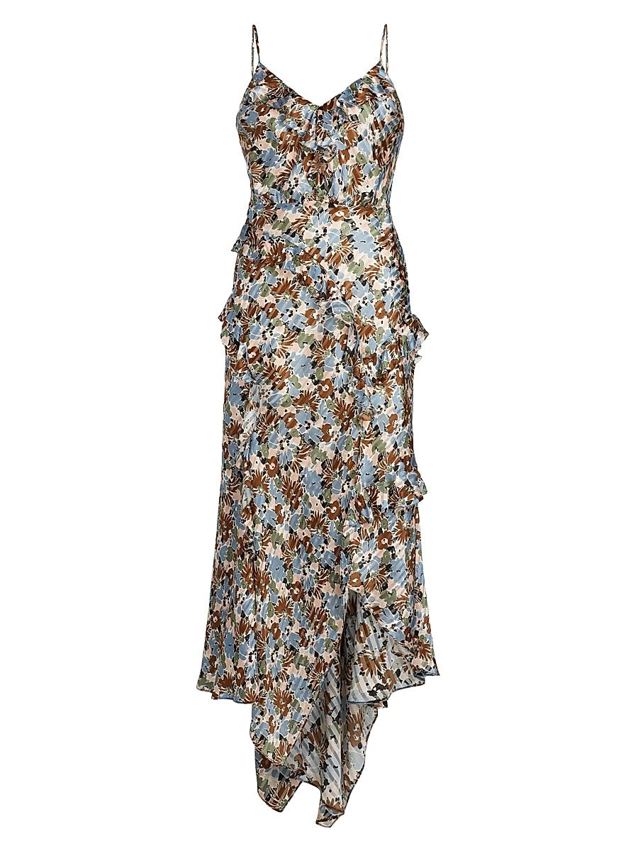 Women's Avenel Silk Floral Ruffle Midi-Dress - Lake Mist Multi - Size 12
