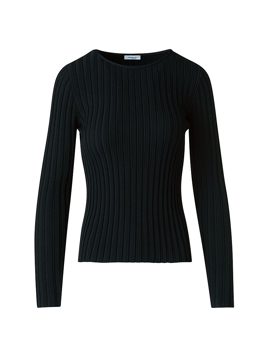 Women's Rib-Knit Wool Sweater - Black - Size 6