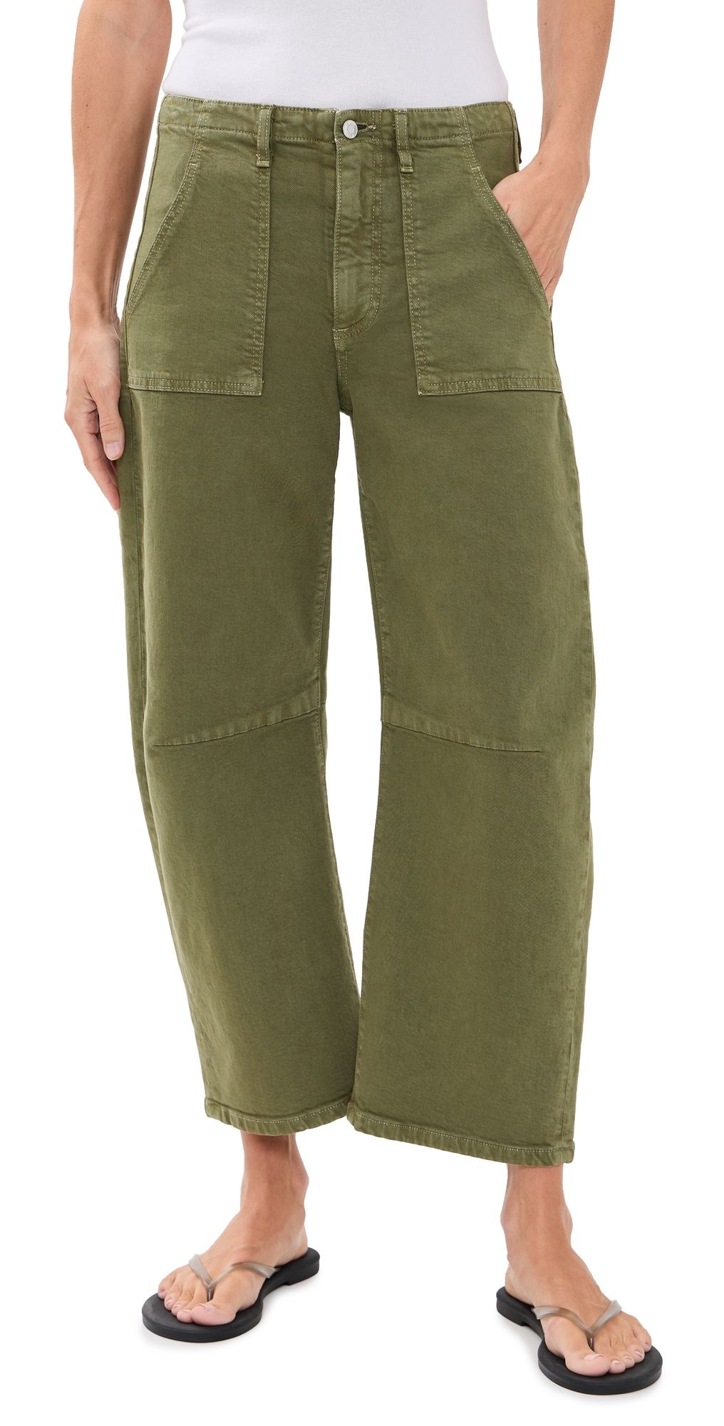 LE JEAN Petite Utility Soft Barrel Jeans Olive Green 28
