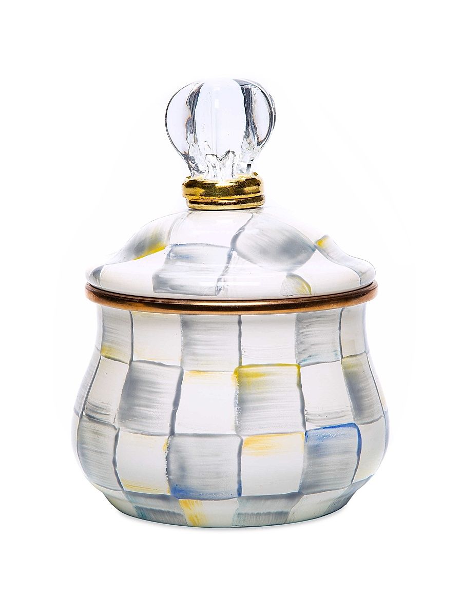 Sterling Check Enamel Lidded Sugar Bowl