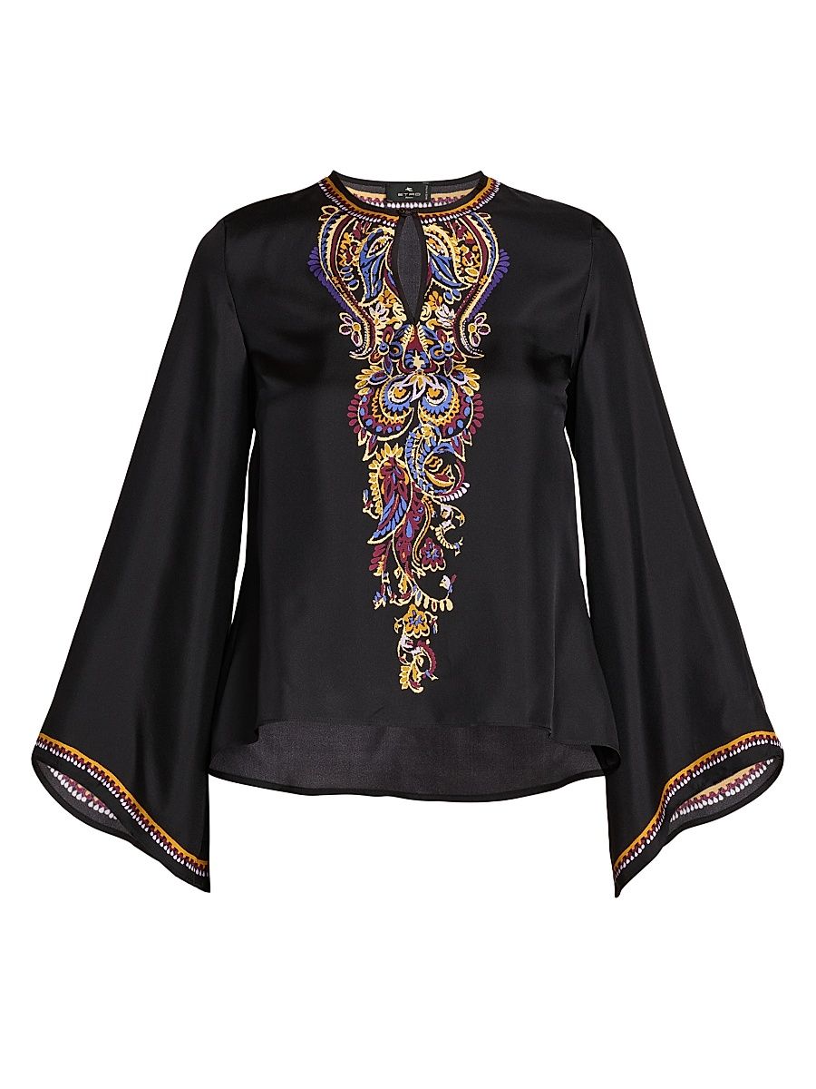 Women's Paisley Silk Flared-Sleeve Blouse - Printed Black Base - Size 8