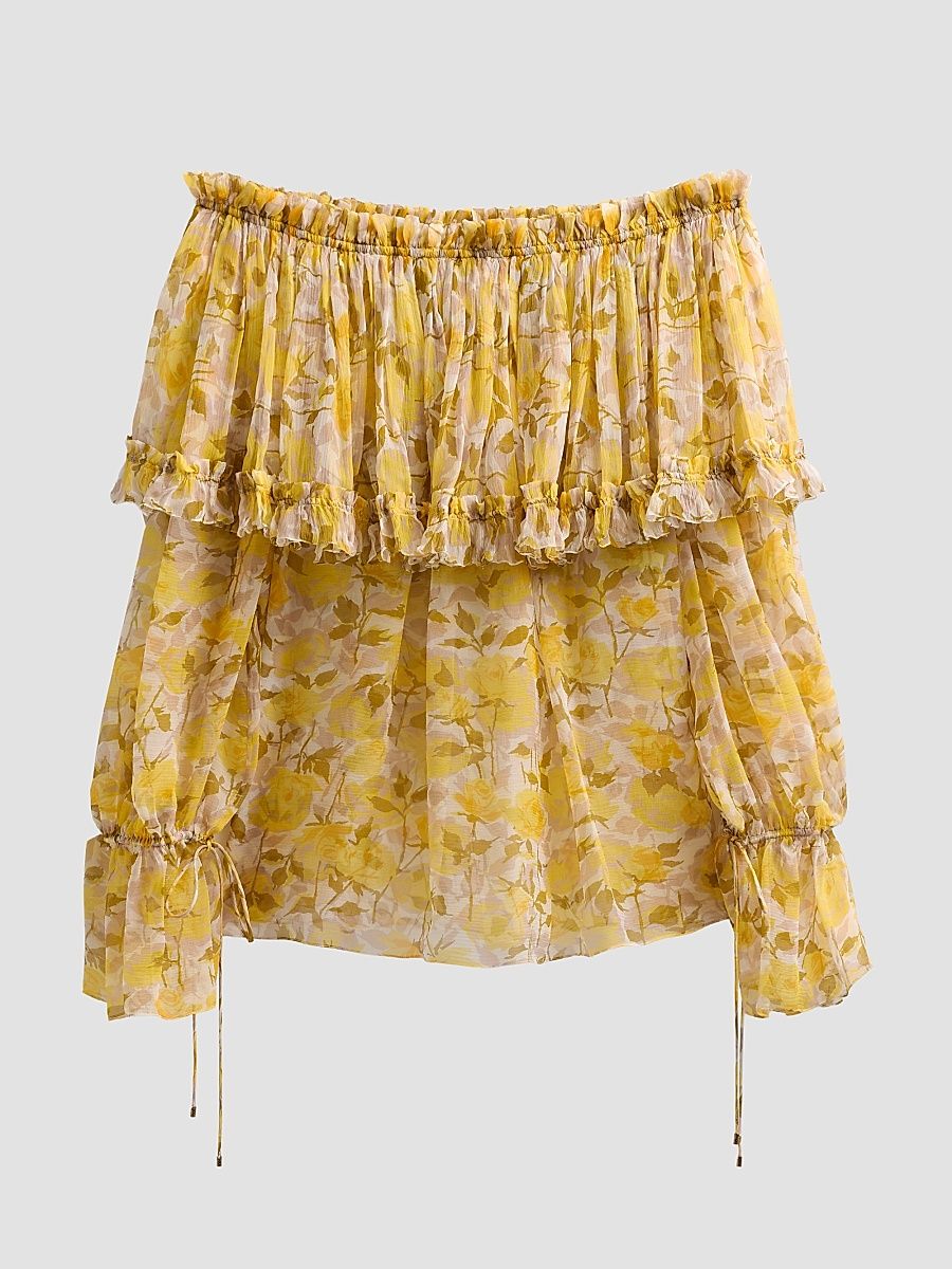 Women's Floral Silk Off-the-Shoulder Top - White Yellow - Size 12