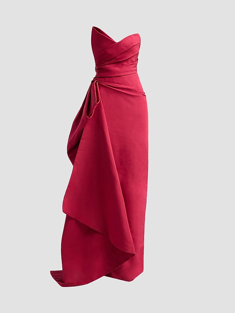 Women's Asymmetric Draped Silk Faille Gown - Rhubarb - Size 2