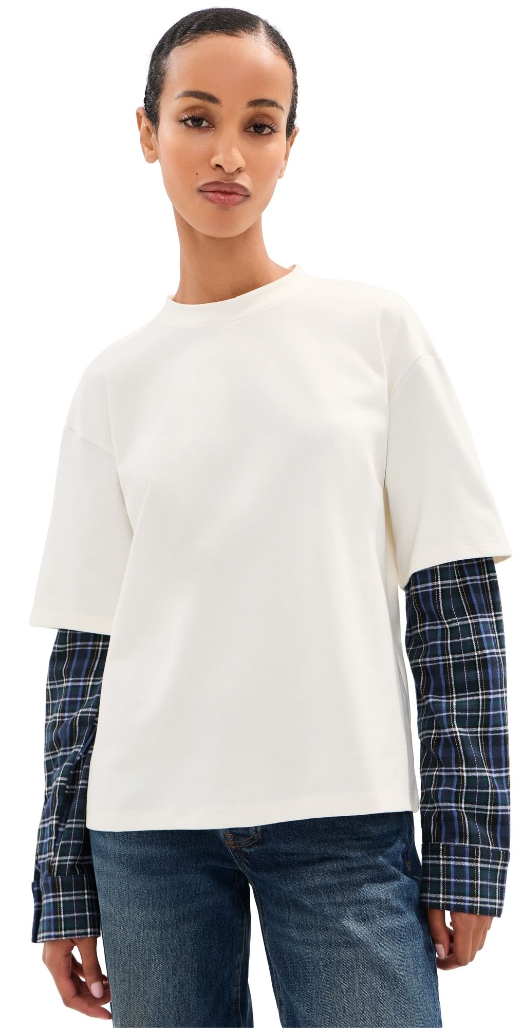 LE BOP Phoenix Double Layer Shirt Off White/Navy Plaid XS