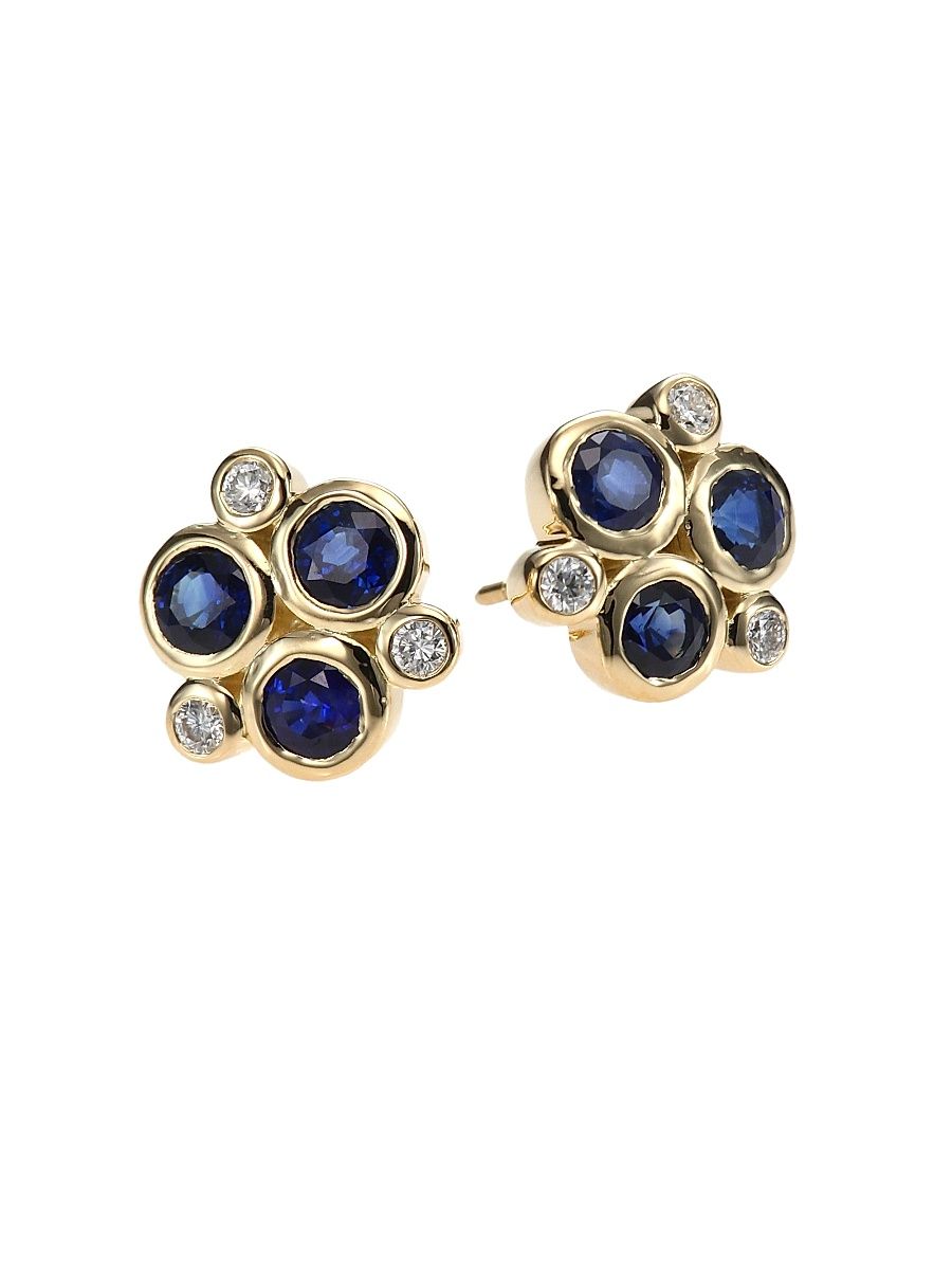 Women's Classic Color Sapphire, Diamond & 18K Yellow Gold Trio Earrings - Blue Sapphire