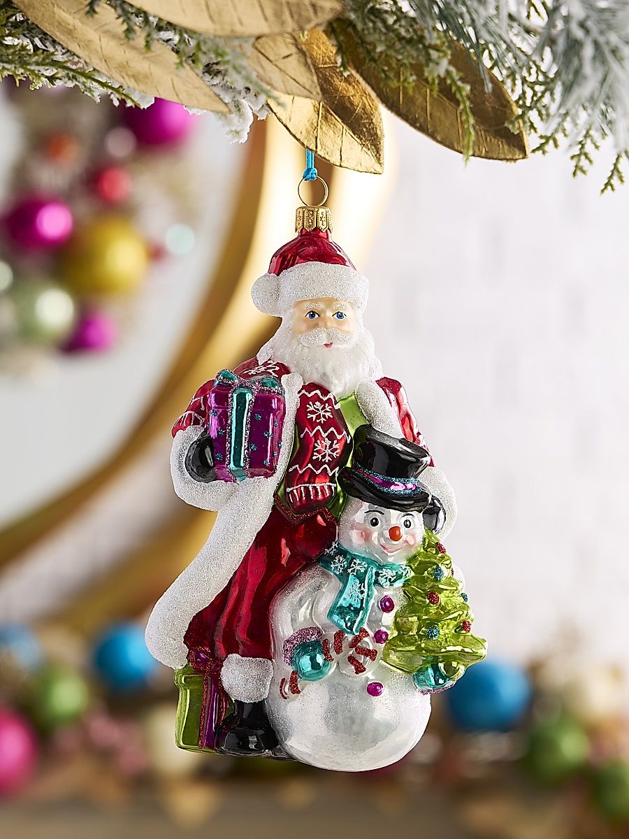 Santa & Snowman Glass Ornament