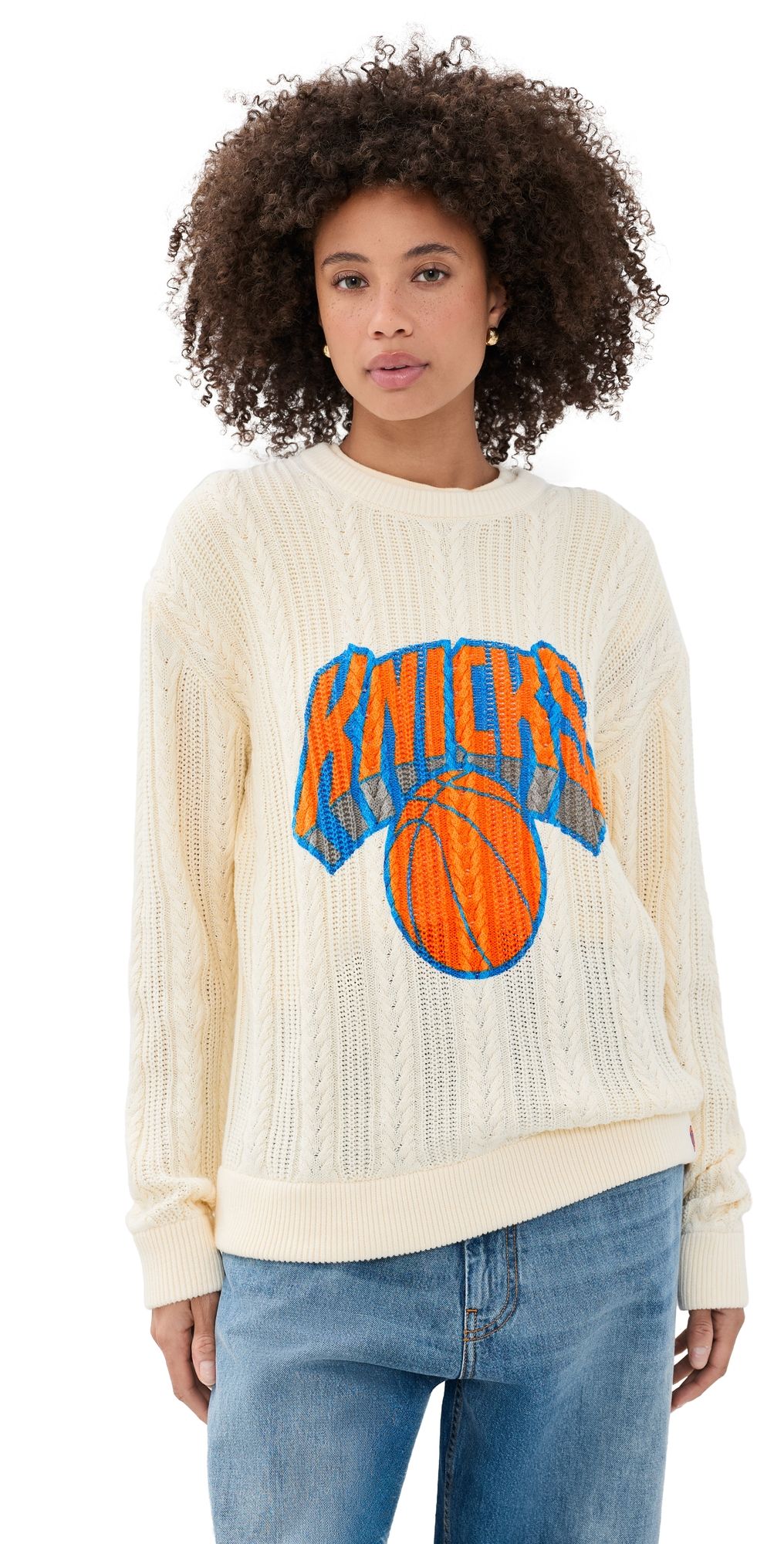 Terez Knicks Swizzle Cable Knit Crew Sweater Sugar XS