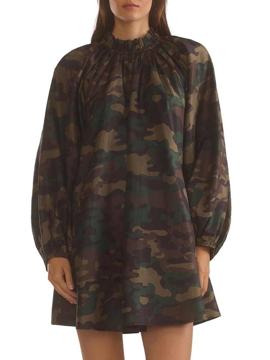 Women's Camouflage Print Silk Taffeta Minidress - Green Camo - Size Medium