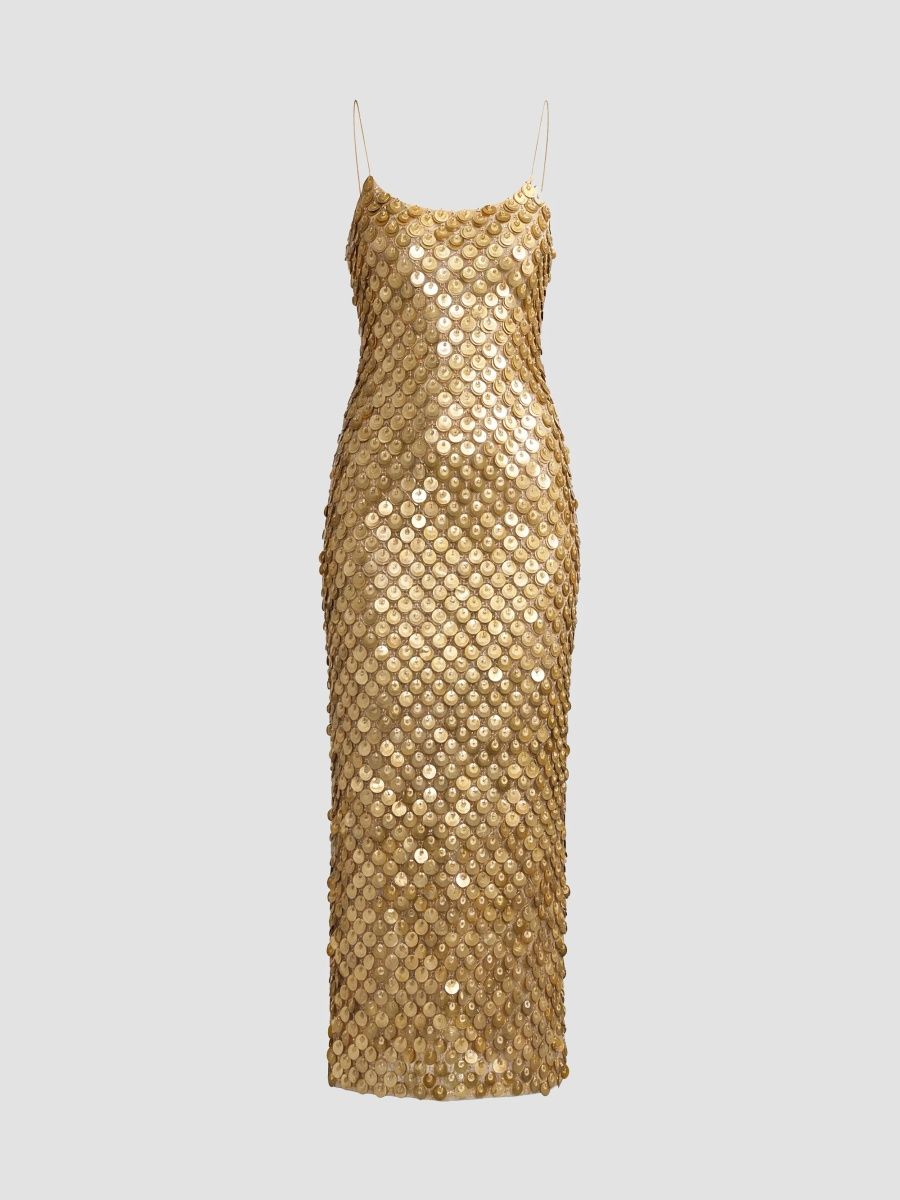 Mac Duggal Women's Paillette Mesh Spaghetti Strap Column Dress - Gold - Size 12