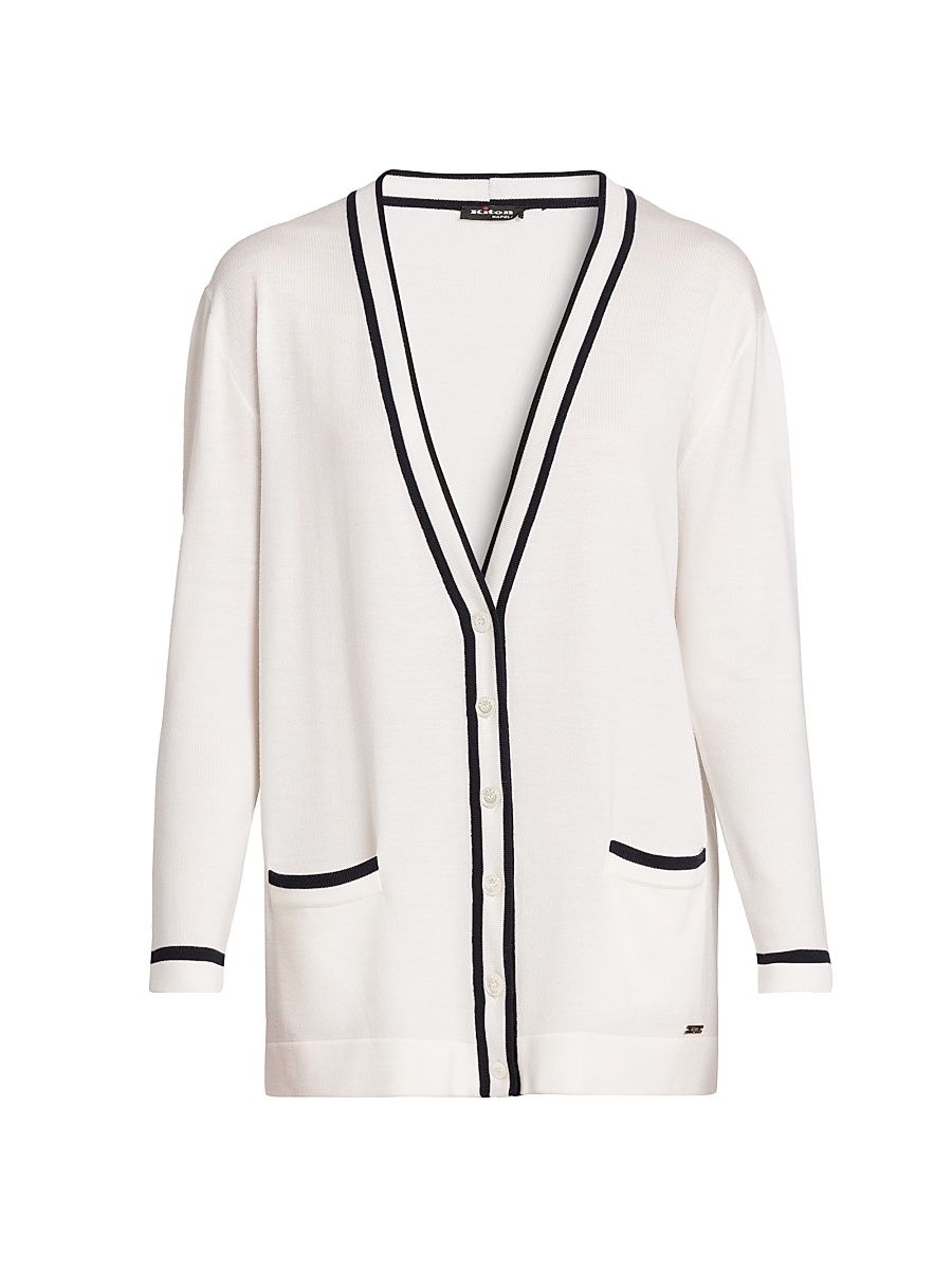 Women's Wool Knit V-Neck Cardigan - White Blue - Size 12